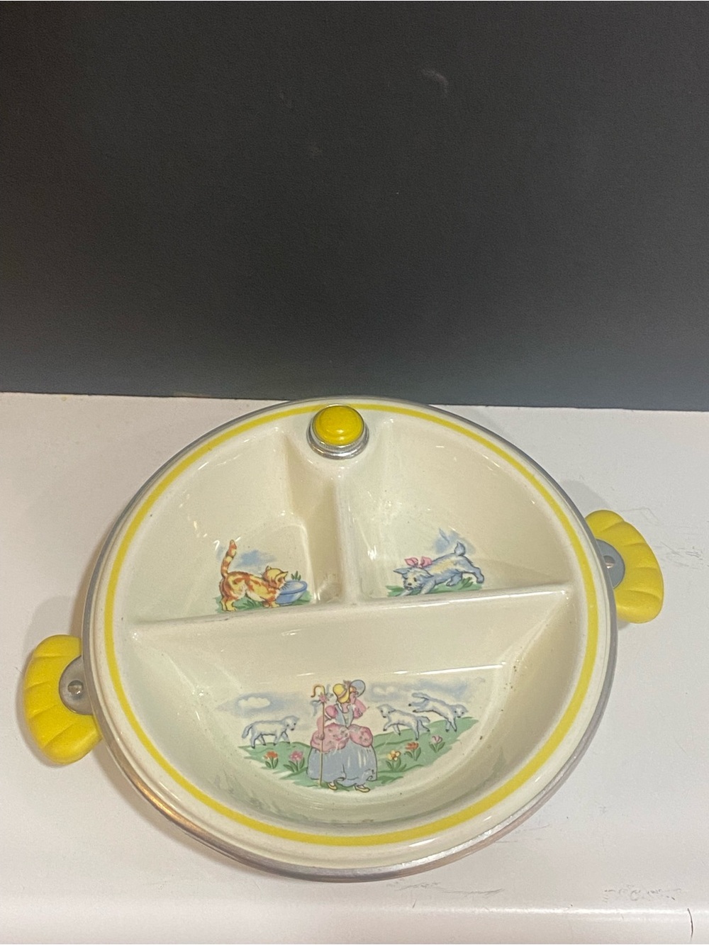 Vintage 1940s Bartsch Chicago Ceramic Baby Warming Dish Little Bo Peep